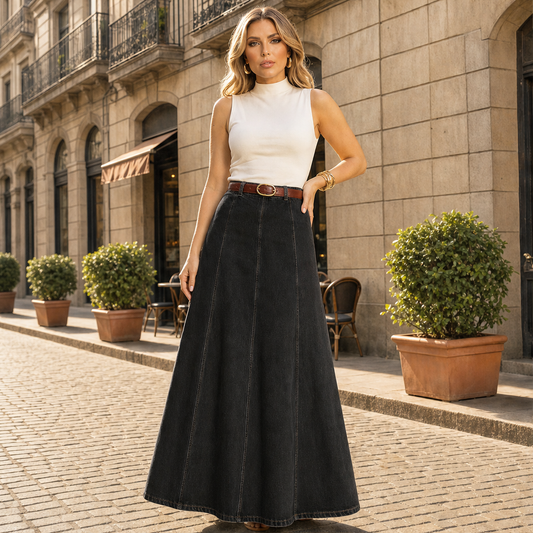 Vaelora – Flattering A-Line Denim Maxi Skirt + 50% OFF Black