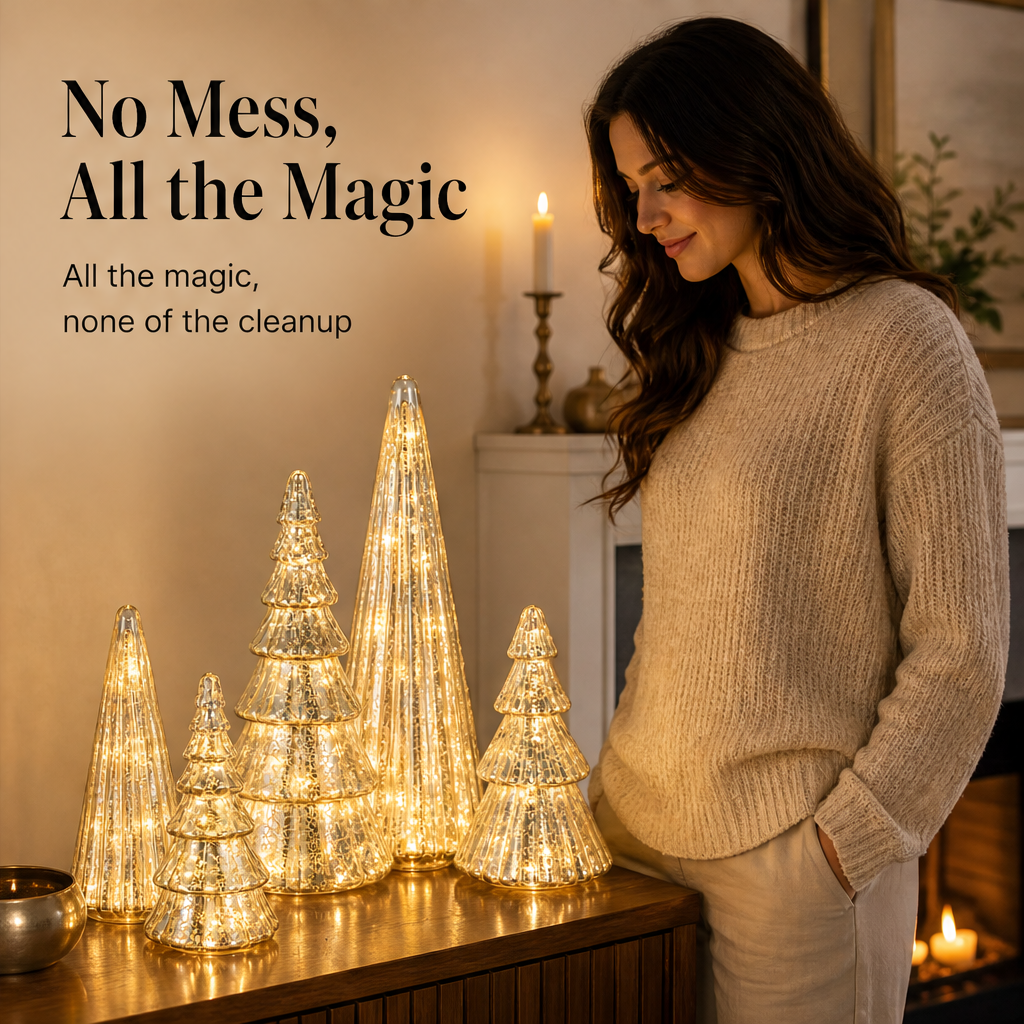 Glowmere – Mercury Glass LED Christmas Trees, Set of 5 + 50% OFF features