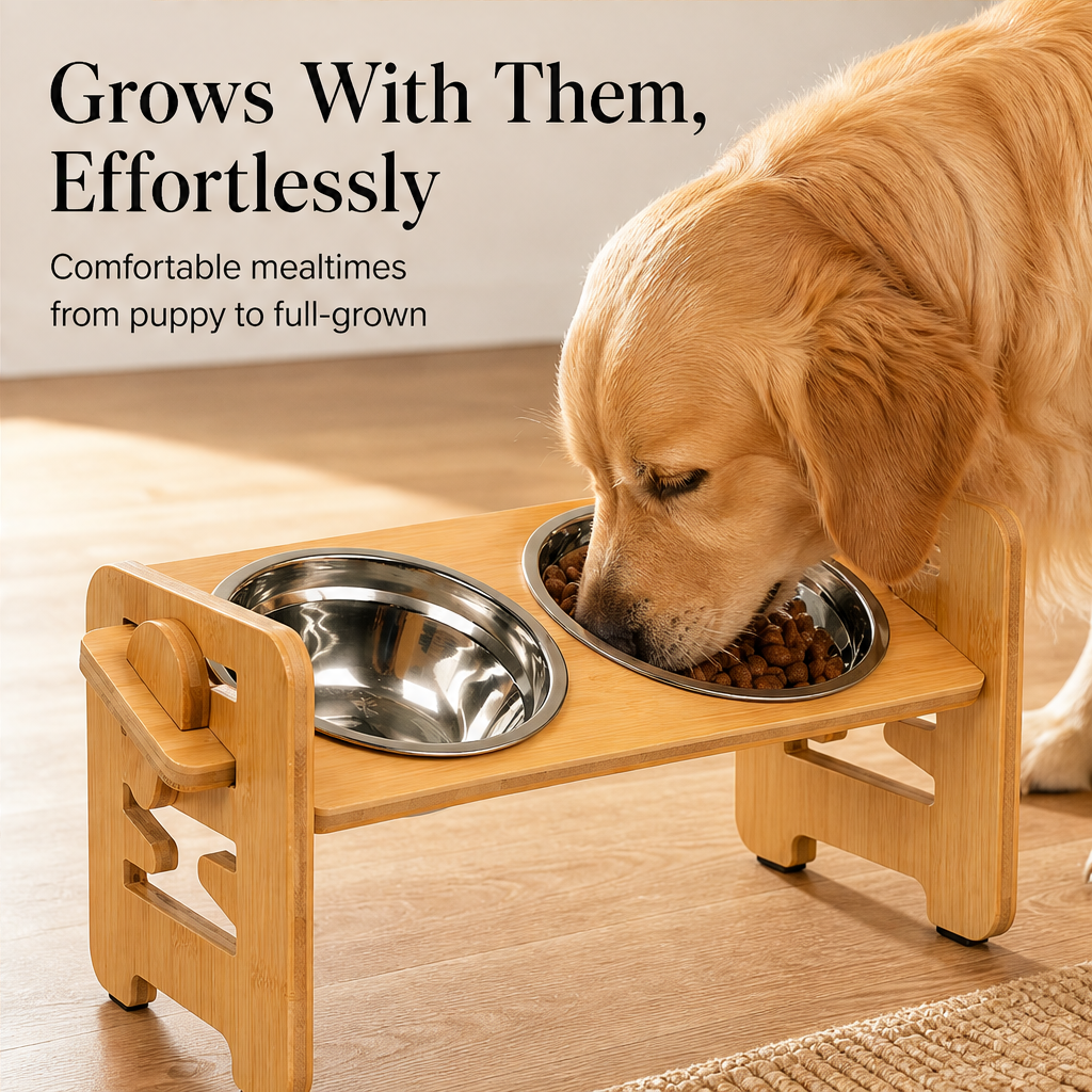 Elevora – Adjustable Height Bamboo Elevated Dog Feeder + 50% OFF features
