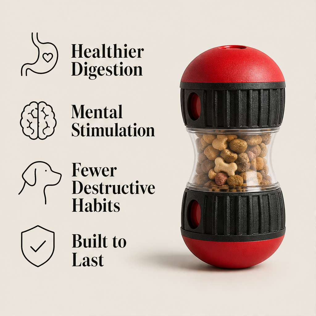 Rovella – Slow-Feeding Rolling Puzzle Dog Toy + 50% OFF features