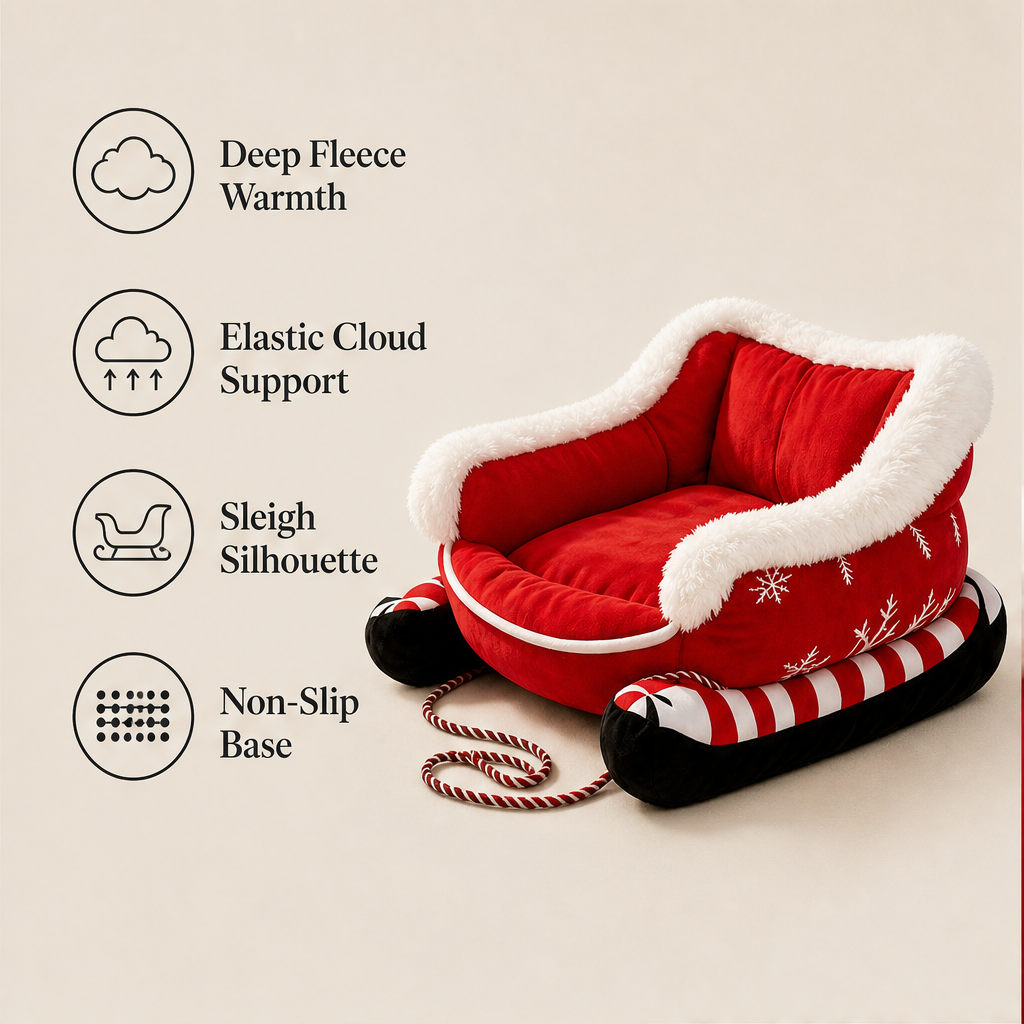 Merryvale – Fleece-Lined Sleigh Design Christmas Pet Bed + 50% OFF features