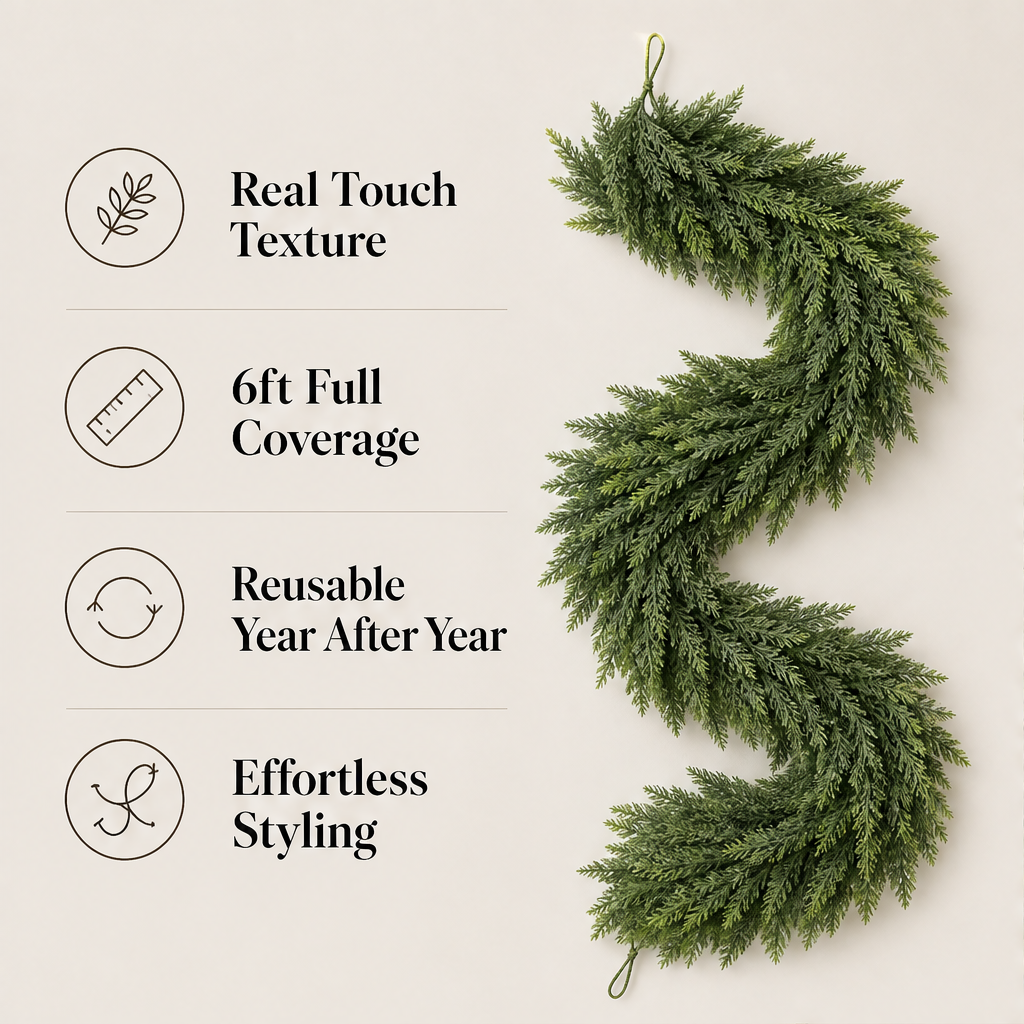 Cedarmere – Real Touch Full 6ft Artificial Cedar Garland + 50% OFF features