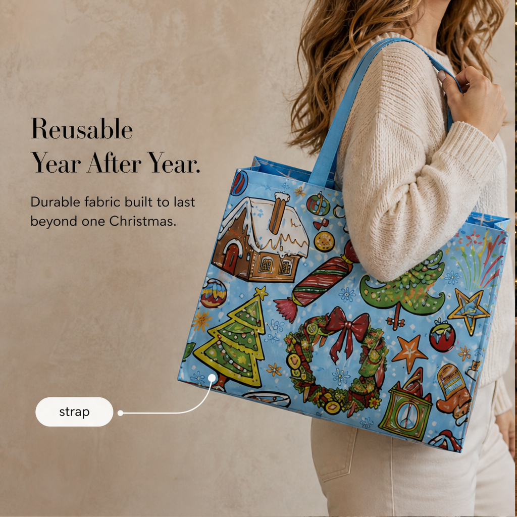Jollyvale – Reusable Holiday Gift Bags with Handles, Assorted Festive Prints + 50% OFF features