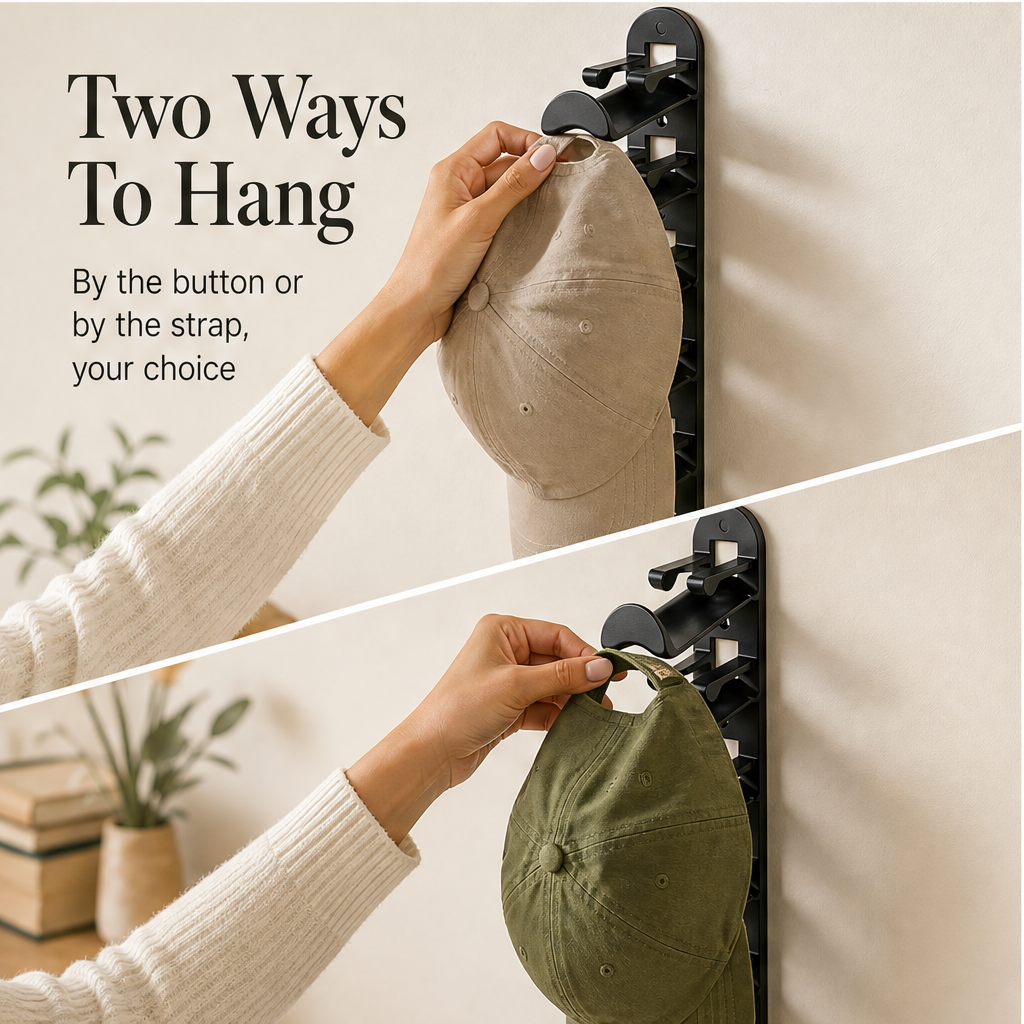 CrownHold – Space-Saving 10-Hat Wall Rack with Locking Hooks + 50% OFF features