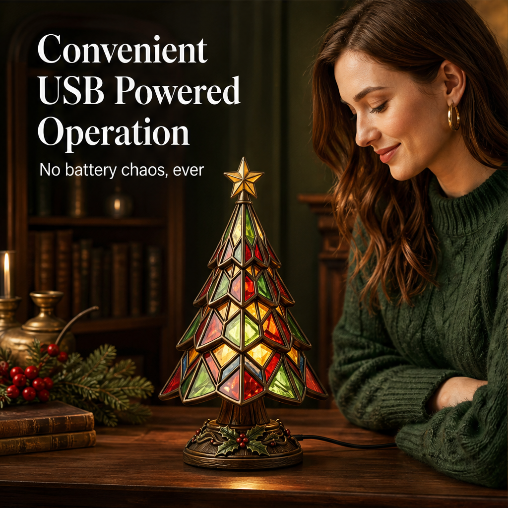Amberglow Hollis – Stained-Glass Style Lit Christmas Tree Table Lamp + 50% OFF features
