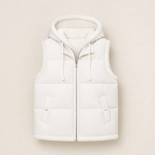 Foldwick – Faux Two-Piece Sherpa Hood Puffer Vest + 50% OFF White