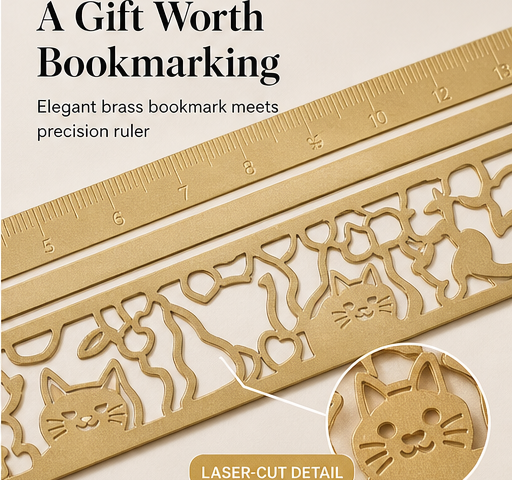 Purrline – 2-in-1 Brass Cat Bookmark & Ruler + 1+1 FREE features