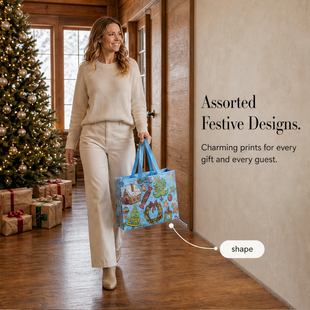 Jollyvale – Reusable Holiday Gift Bags with Handles, Assorted Festive Prints + 50% OFF features