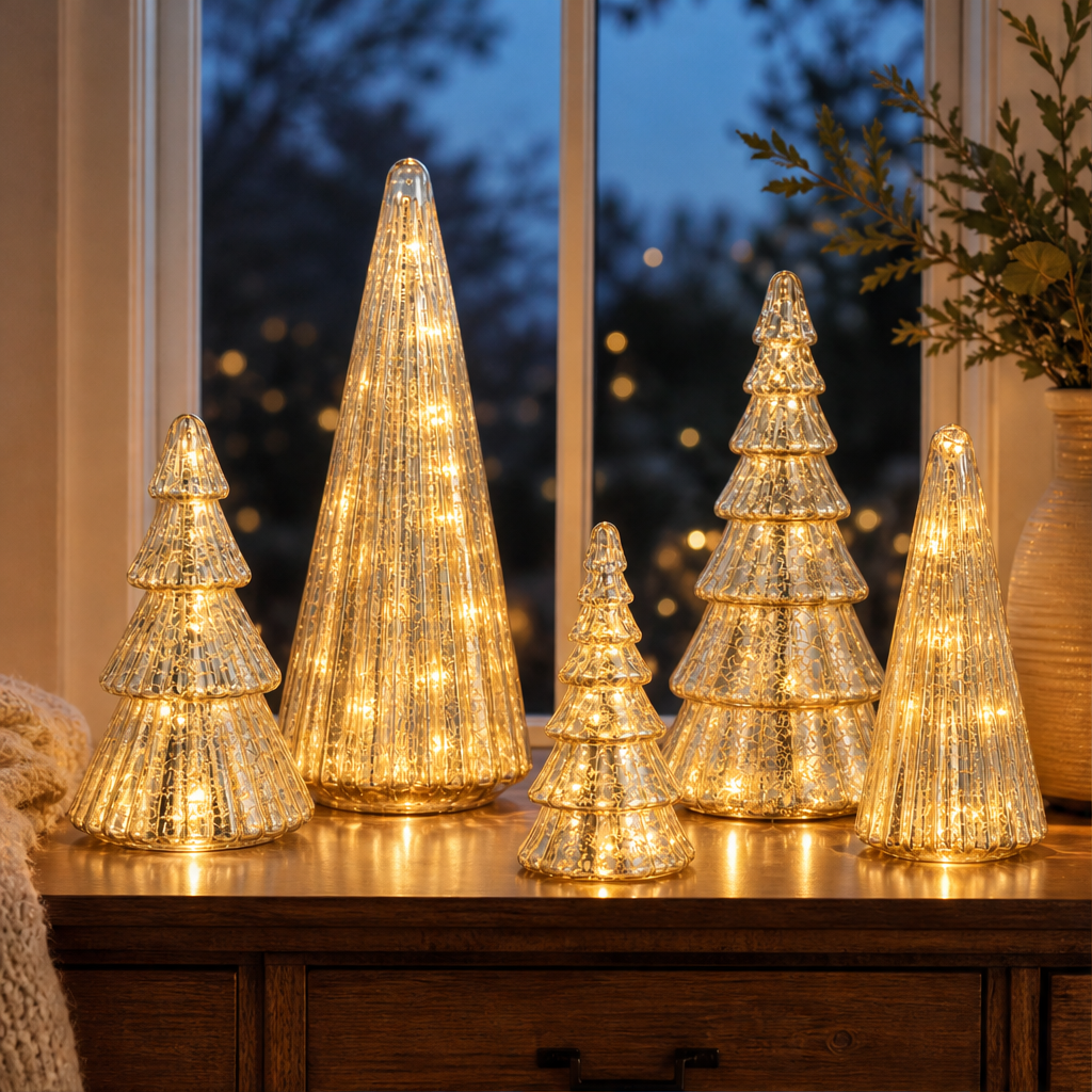 Glowmere – Mercury Glass LED Christmas Trees, Set of 5 + 50% OFF lifestyle