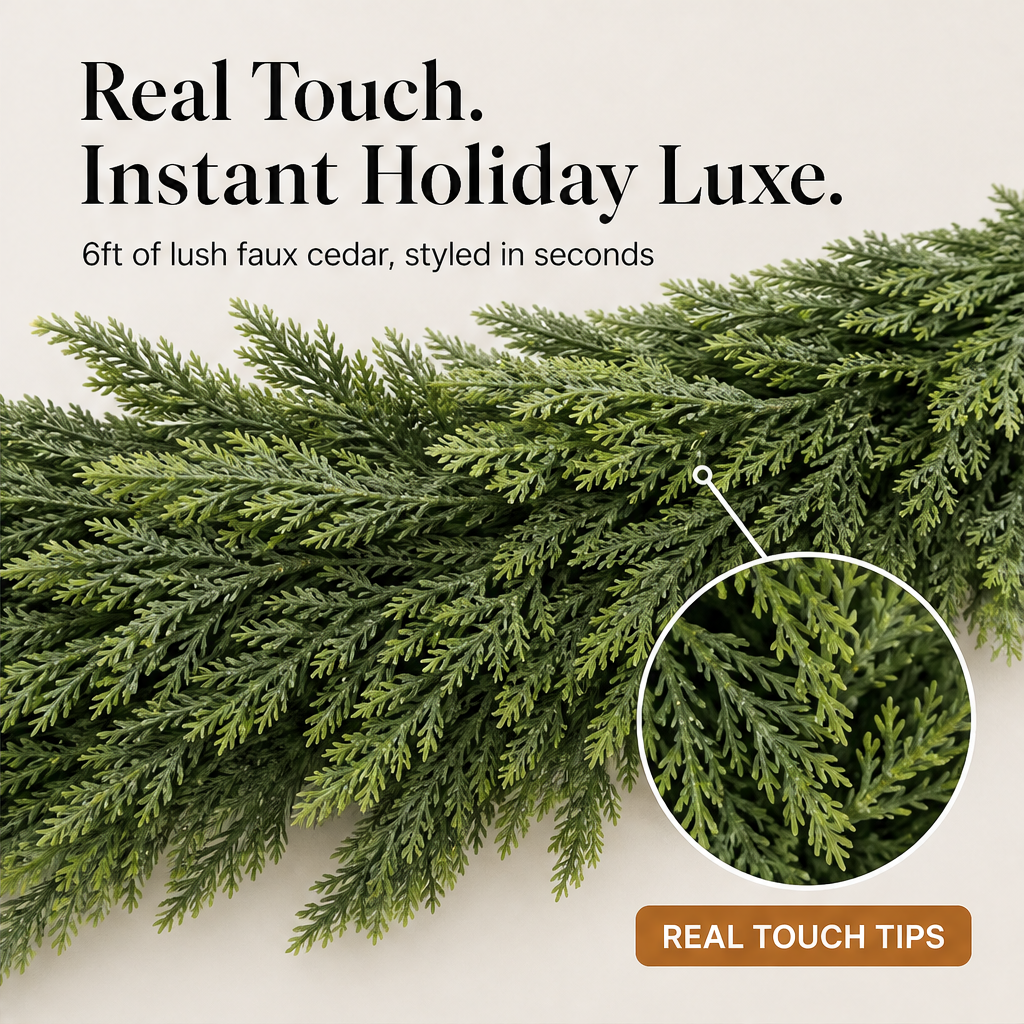 Cedarmere – Real Touch Full 6ft Artificial Cedar Garland + 50% OFF features