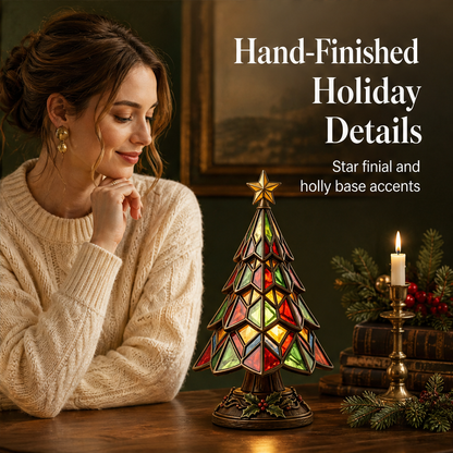 Amberglow Hollis – Stained-Glass Style Lit Christmas Tree Table Lamp + 50% OFF features