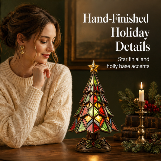 Amberglow Hollis – Stained-Glass Style Lit Christmas Tree Table Lamp + 50% OFF features