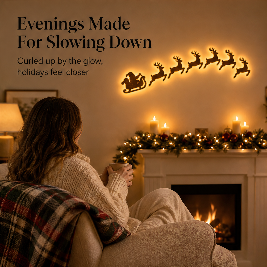 Hearthwick – Peel-and-Stick LED Wooden Santa Sleigh Wall Decor + 50% OFF features