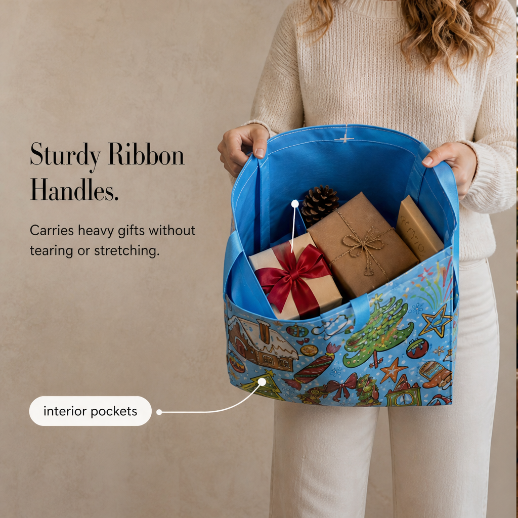 Jollyvale – Reusable Holiday Gift Bags with Handles, Assorted Festive Prints + 50% OFF features