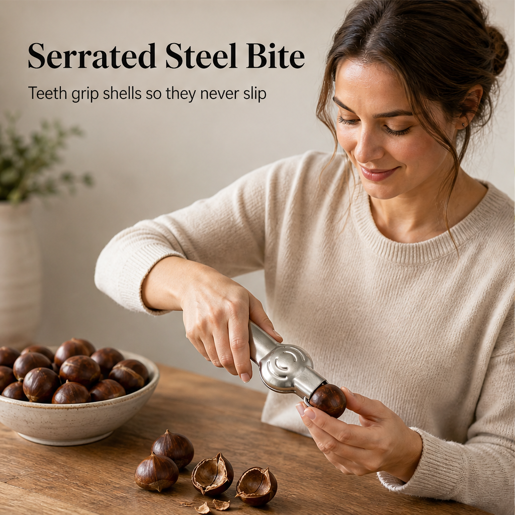 ShellSnap – Lever-Assisted Stainless Steel Chestnut Nut Cracker + 50% OFF features