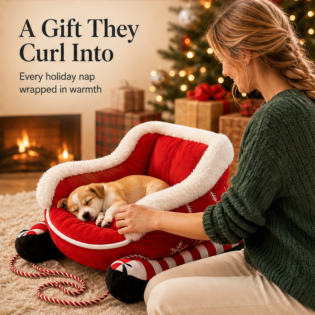 Merryvale – Fleece-Lined Sleigh Design Christmas Pet Bed + 50% OFF features