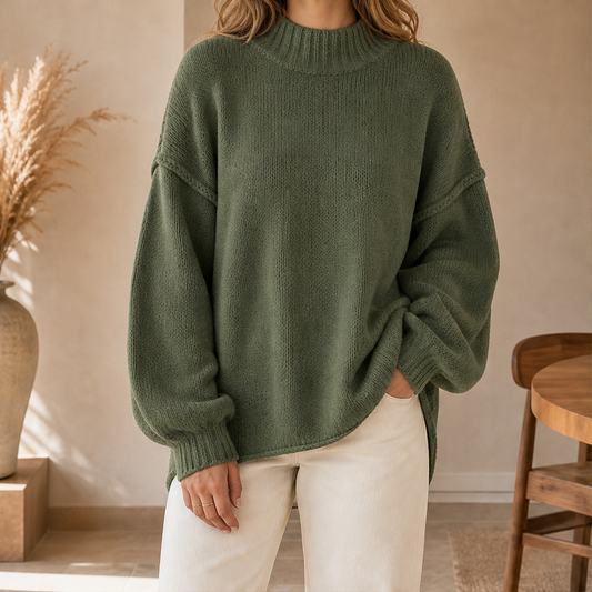 Haveline – Oversized Soft Knit Half-High Collar Sweater + 50% OFF Green