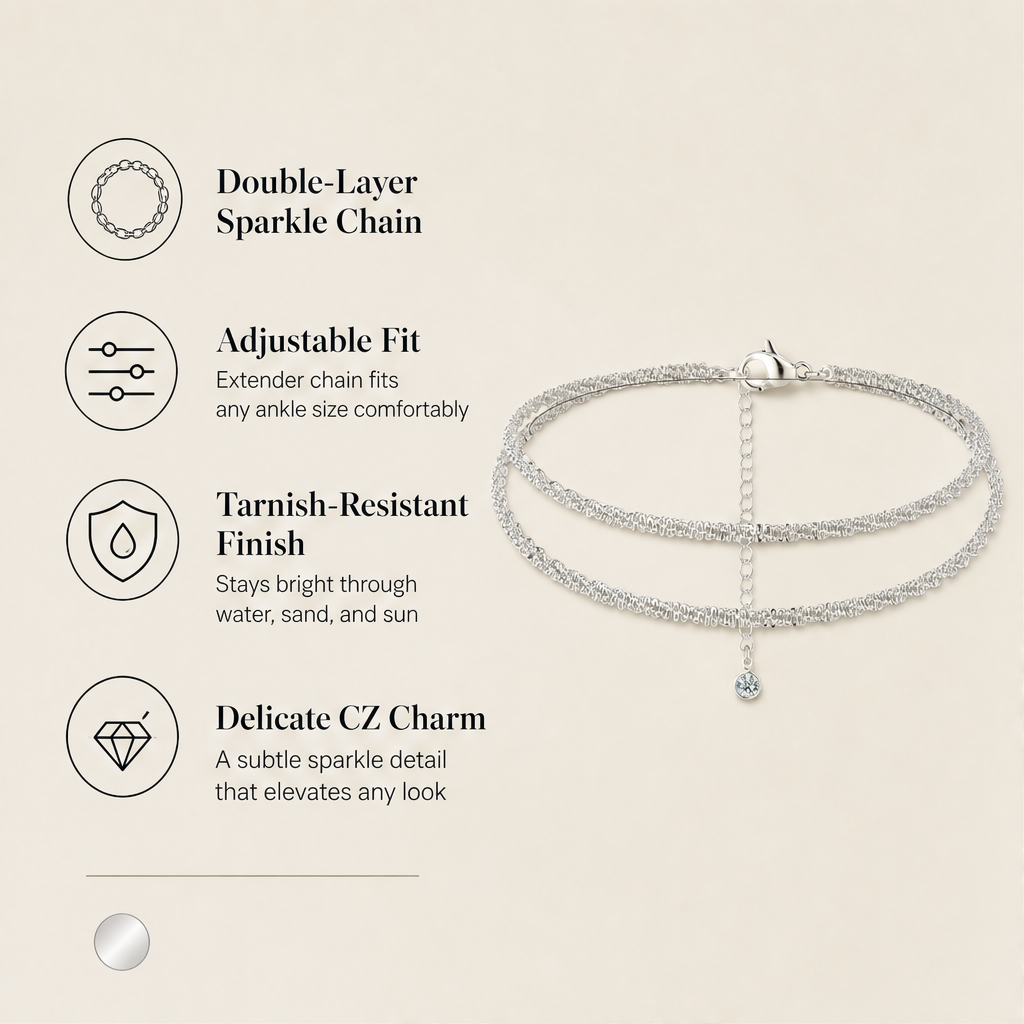 Sunclasp – Double-Layer Sparkle Chain Silver Ankle Bracelet + 1+1 FREE features