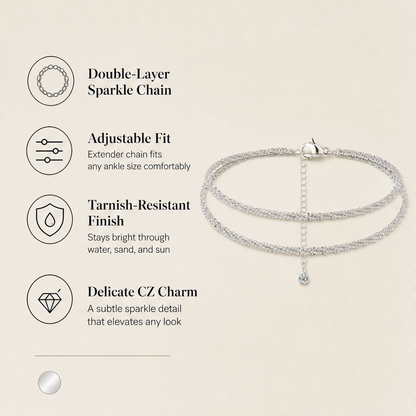 Sunclasp – Double-Layer Sparkle Chain Silver Ankle Bracelet + 1+1 FREE features