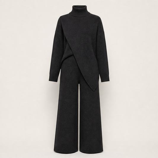 Fauxdrape – Asymmetrical Knit Top & Wide-Leg Trousers Set + 50% OFF Black