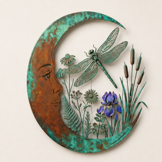 Lunaveil – Crescent Moon & Dragonfly Metal Wall Decor + 50% OFF Verdigris Patina