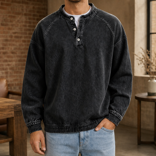 Draywolt – Vintage Washed Oversized Henley Sweatshirt + 50% OFF Black