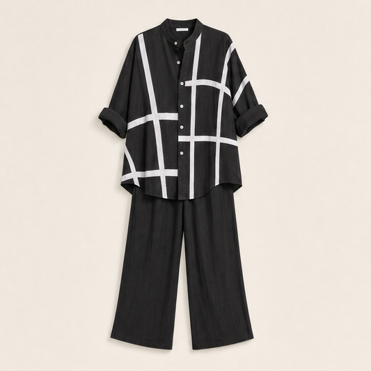 Linalour – Breathable Grid-Print Shirt & Wide-Leg Pants Set + 50% OFF Black