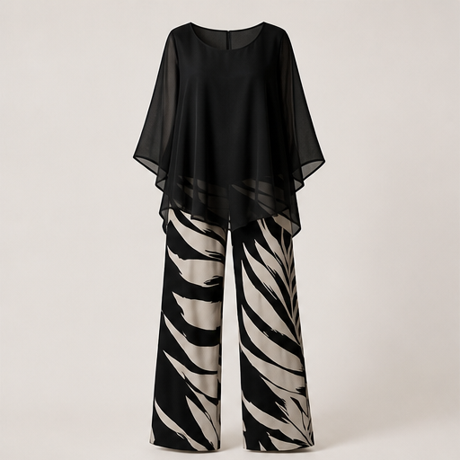Vaelora – Flowy Chiffon Top & Wide-Leg Printed Pants Matching Set + 50% OFF Black