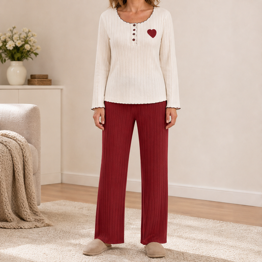 Cozemere – Heart Embroidery Ribbed Knit Pajama Set + 50% OFF Red