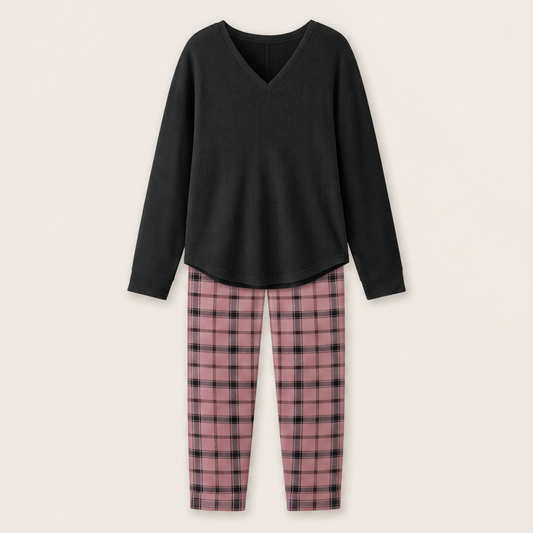 Nestcove – Ribbed Knit Top and Plaid Legging Loungewear Set + 50% OFF Black