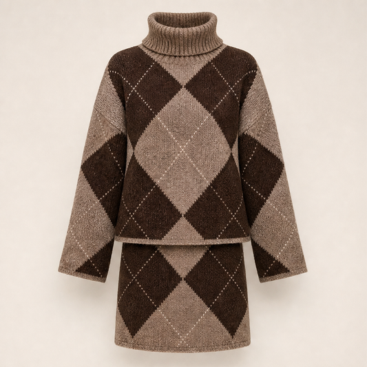 Thornmere – Cosy Argyle Knit Sweater & Skirt Set + 50% OFF Brown