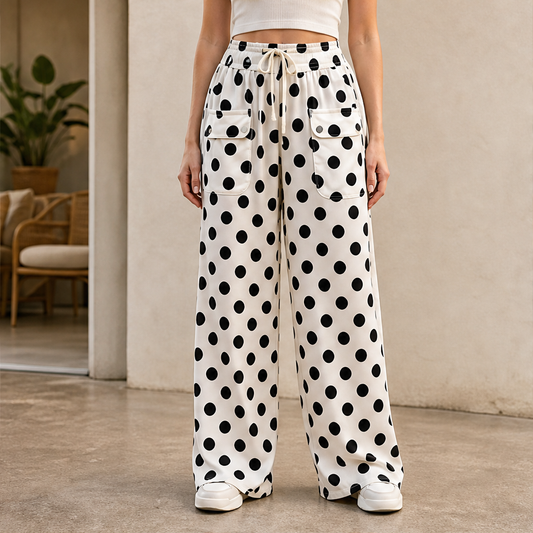 Dottelle – Drawstring High Waist Polka Dot Wide Leg Pants + 50% OFF White