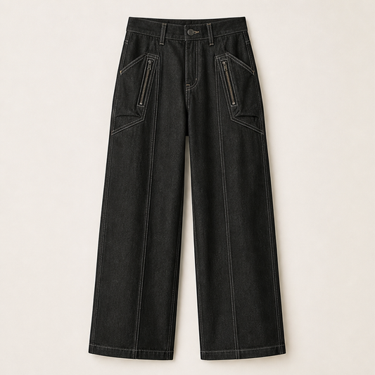 Denwick – Faux Denim Stretch Cargo Pants with Zip Pockets + 50% OFF Black