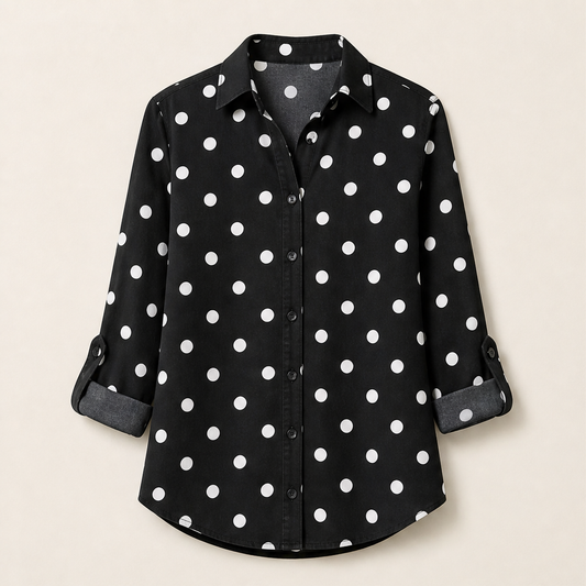 Bellmere – Soft Stretch Roll-Sleeve Button Up Blouse + 50% OFF Black Polka Dot