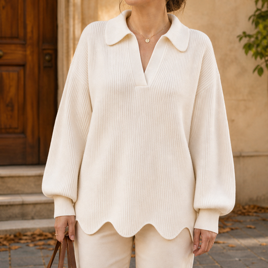 Larkspire – Scalloped Hem V-Neck Puff Sleeve Sweater + 50% OFF Beige