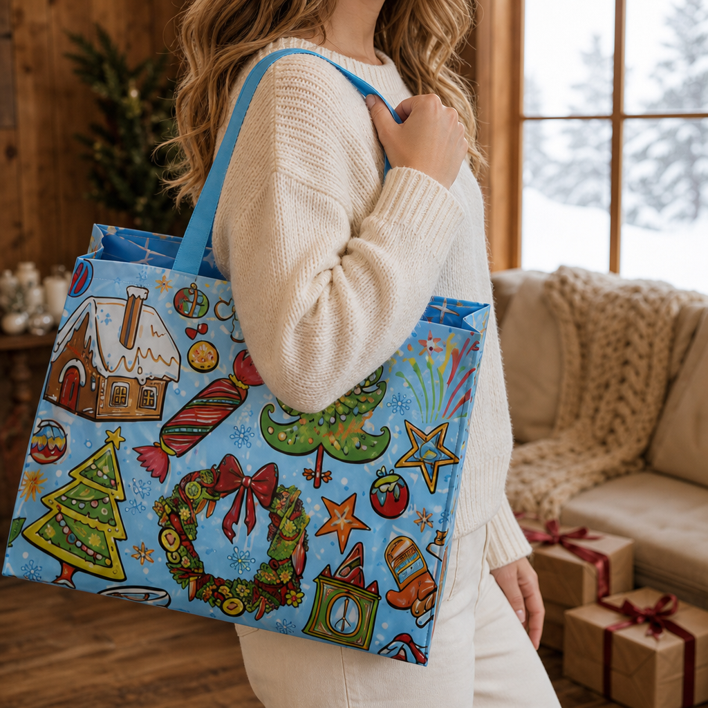 Jollyvale – Reusable Holiday Gift Bags with Handles, Assorted Festive Prints + 50% OFF Blue