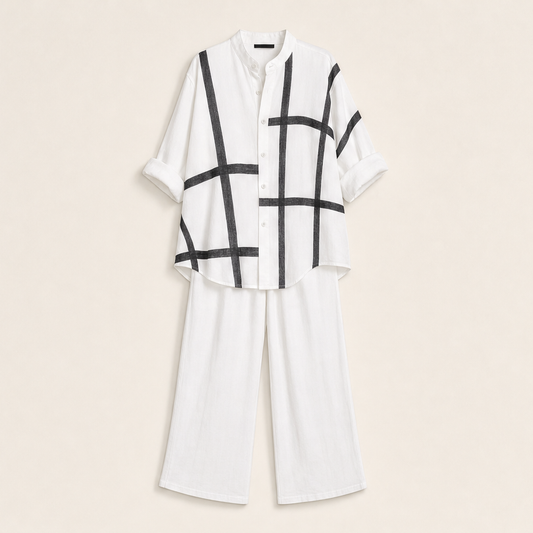 Linalour – Breathable Grid-Print Shirt & Wide-Leg Pants Set + 50% OFF White