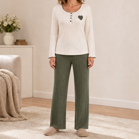 Cozemere – Heart Embroidery Ribbed Knit Pajama Set + 50% OFF Green