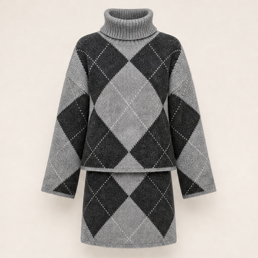 Thornmere – Cosy Argyle Knit Sweater & Skirt Set + 50% OFF Grey