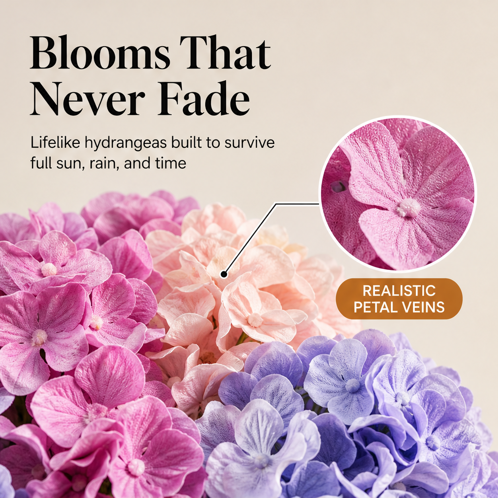 Fernvale Bloom – UV-Resistant Silk Hydrangea Heads for Outdoor Planters + 50% OFF features