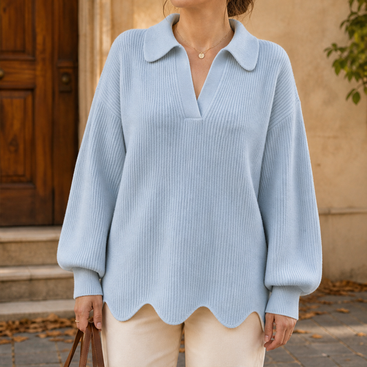 Larkspire – Scalloped Hem V-Neck Puff Sleeve Sweater + 50% OFF Light Blue