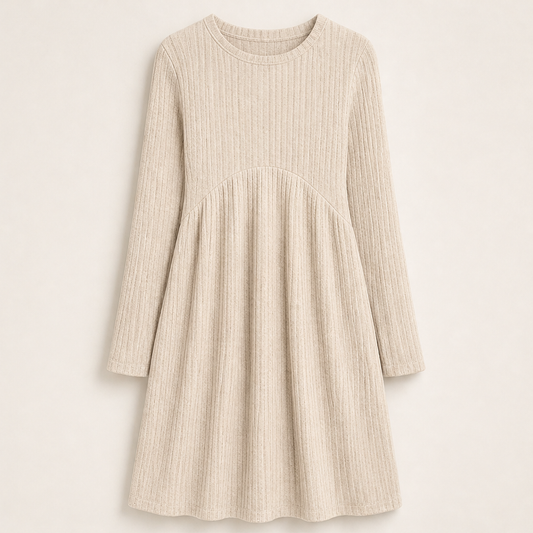 Cambrielle – Ribbed A-Line Midi Dress with Hidden Pockets + 50% OFF Beige