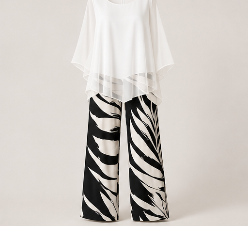 Vaelora – Flowy Chiffon Top & Wide-Leg Printed Pants Matching Set + 50% OFF White