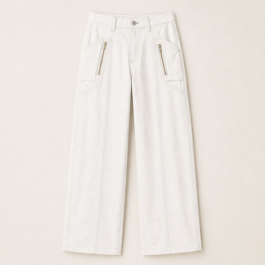Denwick – Faux Denim Stretch Cargo Pants with Zip Pockets + 50% OFF White
