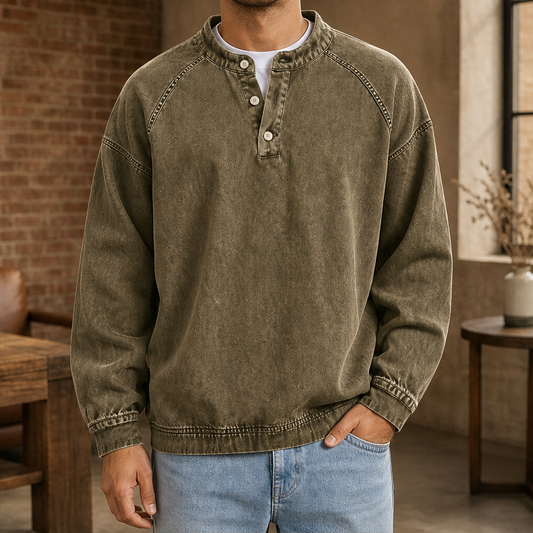 Draywolt – Vintage Washed Oversized Henley Sweatshirt + 50% OFF Olive