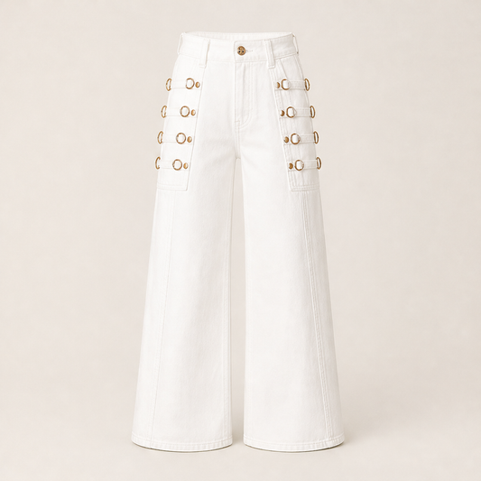 Buckridge – Gold Ring Buckle Wide-Leg High-Waist Cargo Jeans + 50% OFF White