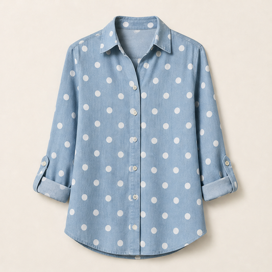 Bellmere – Soft Stretch Roll-Sleeve Button Up Blouse + 50% OFF Chambray Blue Polka Dot