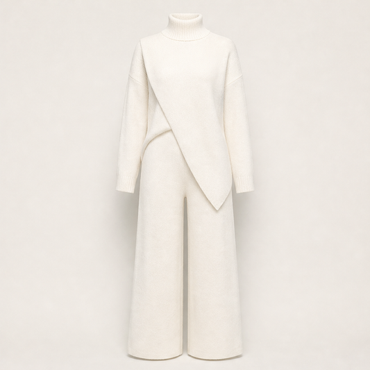 Fauxdrape – Asymmetrical Knit Top & Wide-Leg Trousers Set + 50% OFF Beige