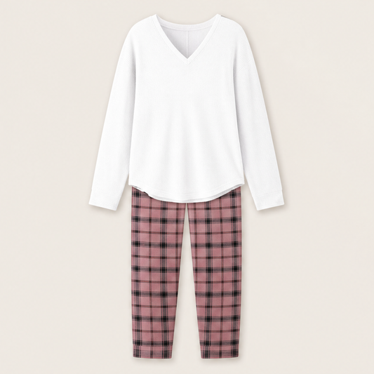 Nestcove – Ribbed Knit Top and Plaid Legging Loungewear Set + 50% OFF White