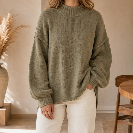 Haveline – Oversized Soft Knit Half-High Collar Sweater + 50% OFF Khaki